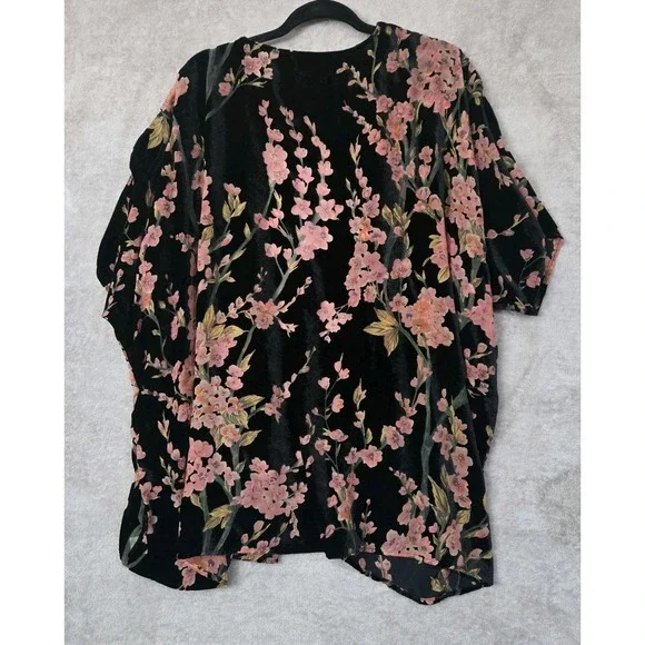 Floral Velvet Burnout Kimono Duster Sheer Boho Fairy Whimsigoth Pink Open Front - Picture 2 of 7